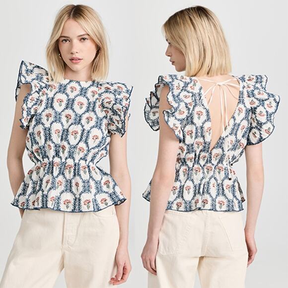 NWT Lug Von Siga Linen Jessica Back Tie Ruffle Sleevless Blue Flower Blouse Top - Picture 1 of 8